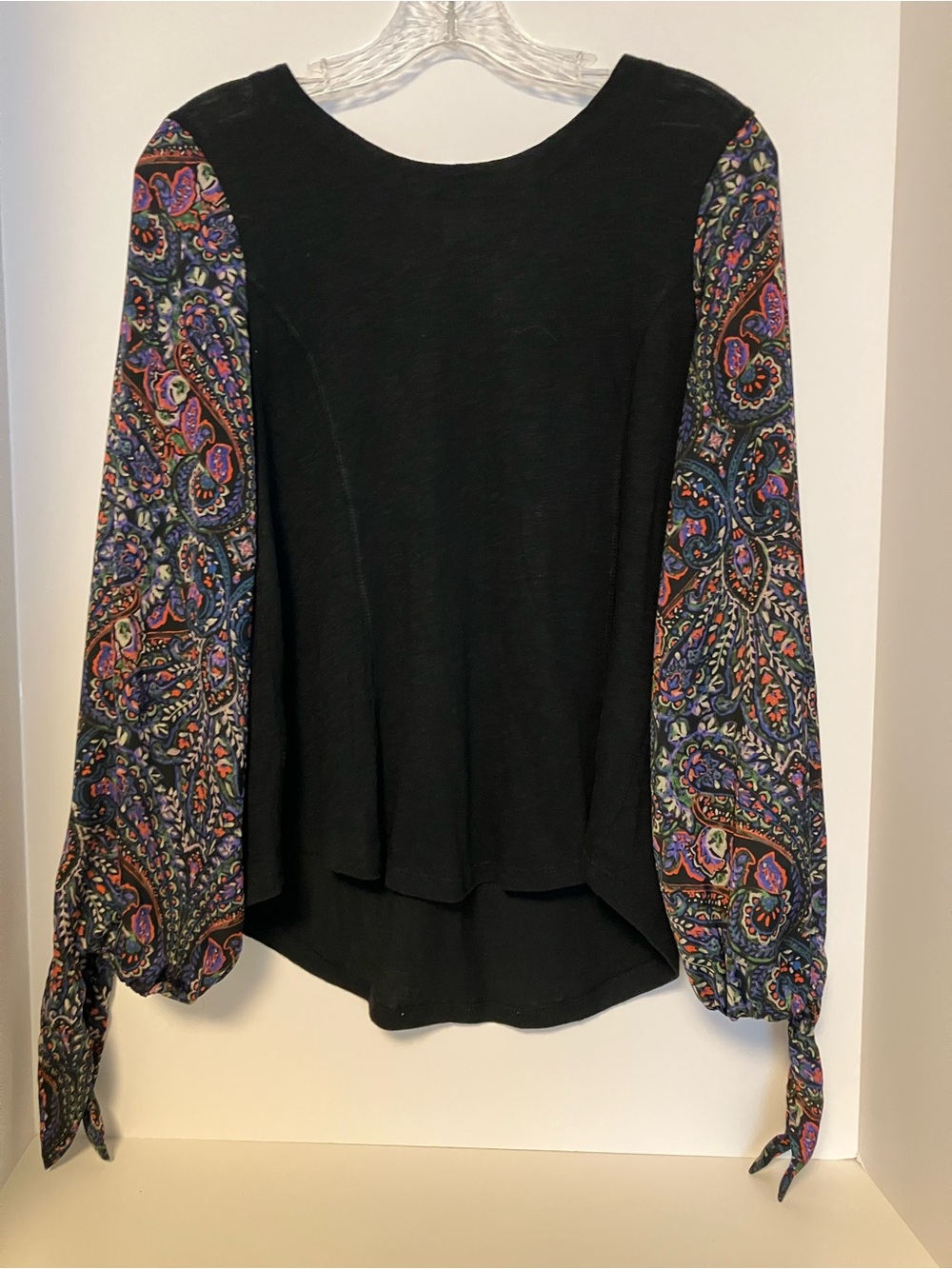 Anthropologie Black Top with Multicolor Paisley Balloon Sleeves